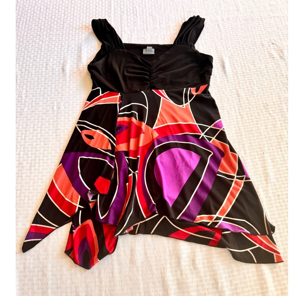 Rabbit Rabbit Designs Geometric Handkerchief Mini Dress/Tunic Black Purple Red M